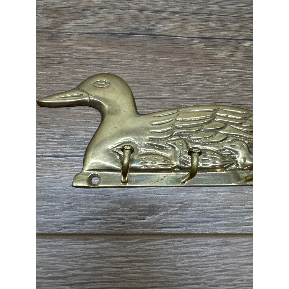 Vintage Solid Brass Duck Key Rack Wall Mount 4-Hook Cottagecore Upper Deck LTD